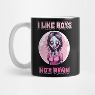 Zombie Girl "I Like Boys With Brain" Slogan Halloween Gift Pink Cute Scary Mug